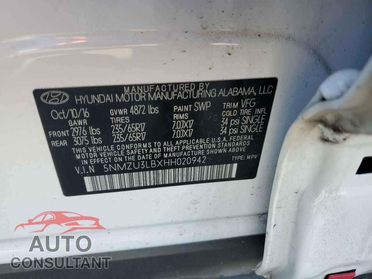 HYUNDAI SANTA FE 2017 - 5NMZU3LBXHH020942