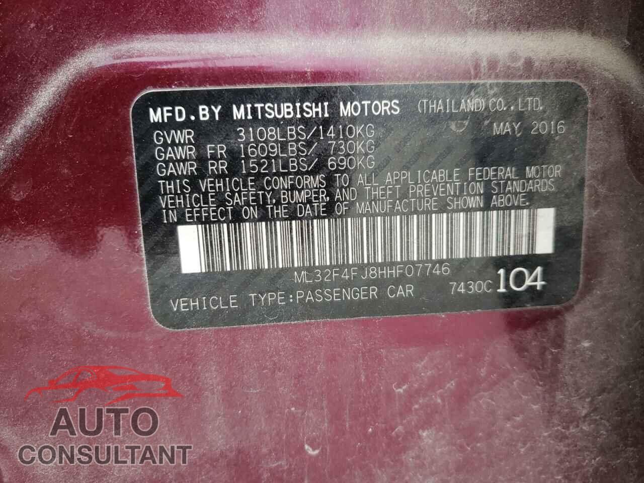 MITSUBISHI MIRAGE 2017 - ML32F4FJ8HHF07746