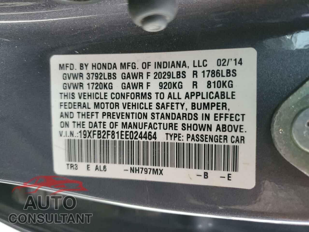 HONDA CIVIC 2014 - 19XFB2F81EE024464