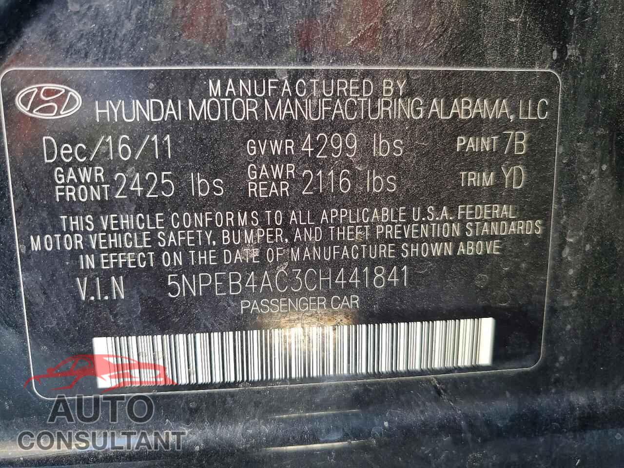 HYUNDAI SONATA 2012 - 5NPEB4AC3CH441841