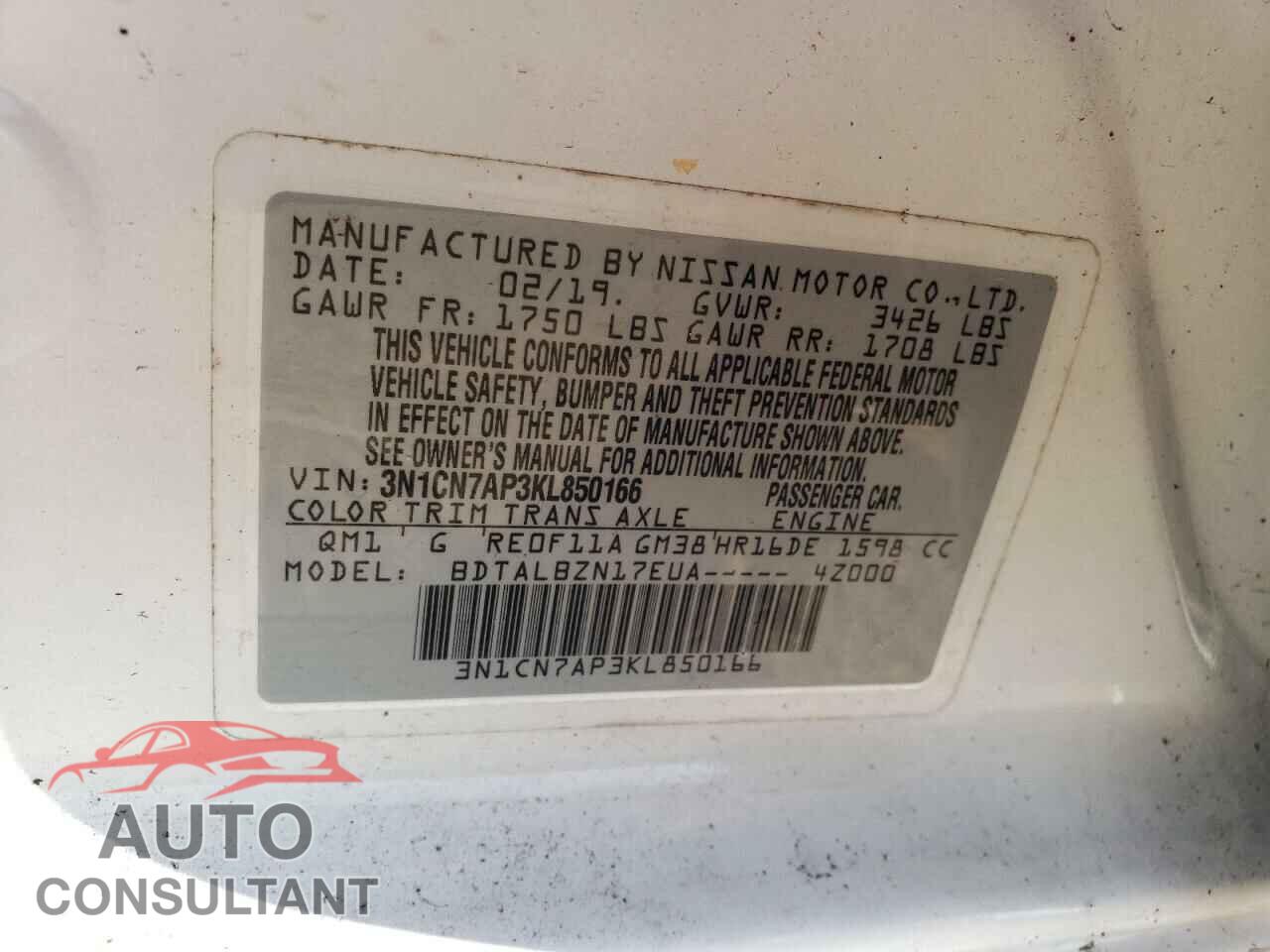 NISSAN VERSA 2019 - 3N1CN7AP3KL850166