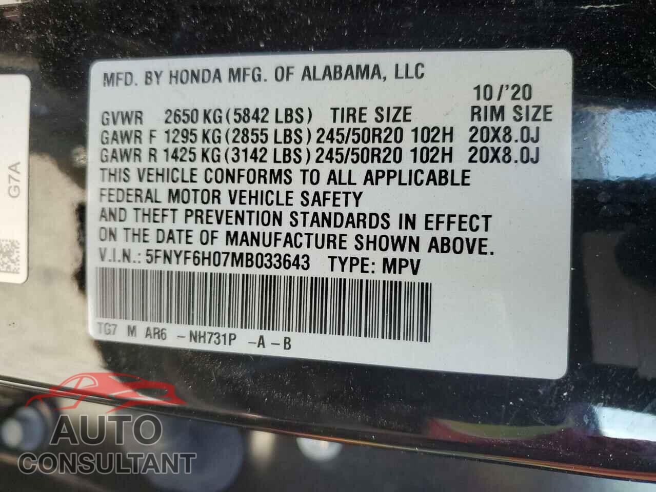 HONDA PILOT 2021 - 5FNYF6H07MB033643