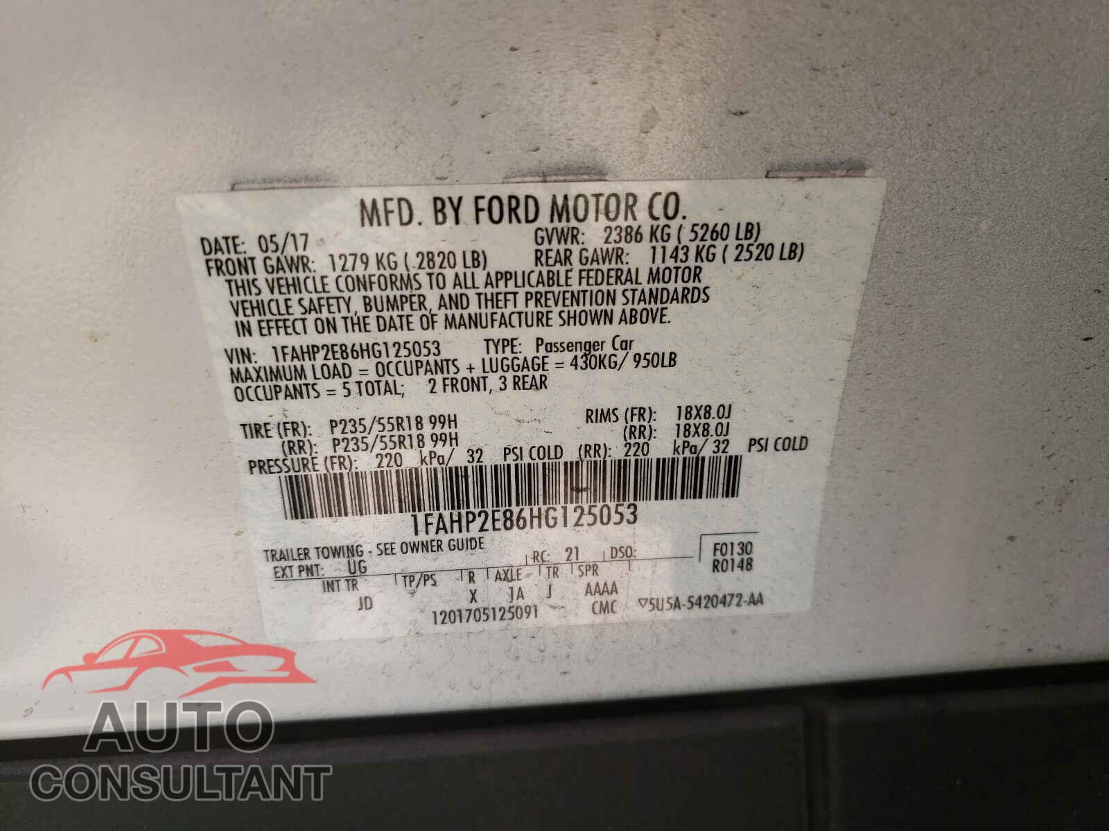 FORD TAURUS 2017 - 1FAHP2E86HG125053