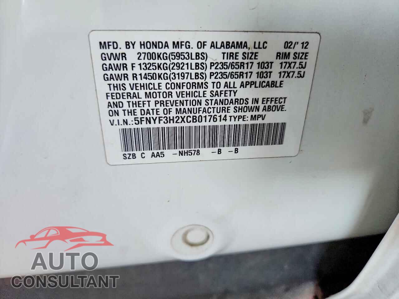 HONDA PILOT 2012 - 5FNYF3H2XCB017614