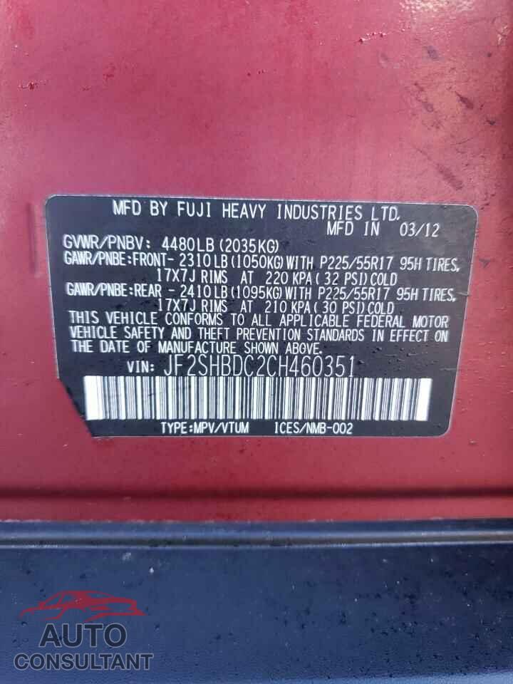 SUBARU FORESTER 2012 - JF2SHBDC2CH460351