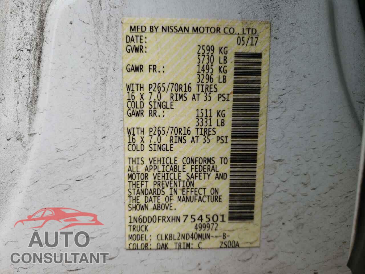 NISSAN FRONTIER 2017 - 1N6DD0FRXHN754501