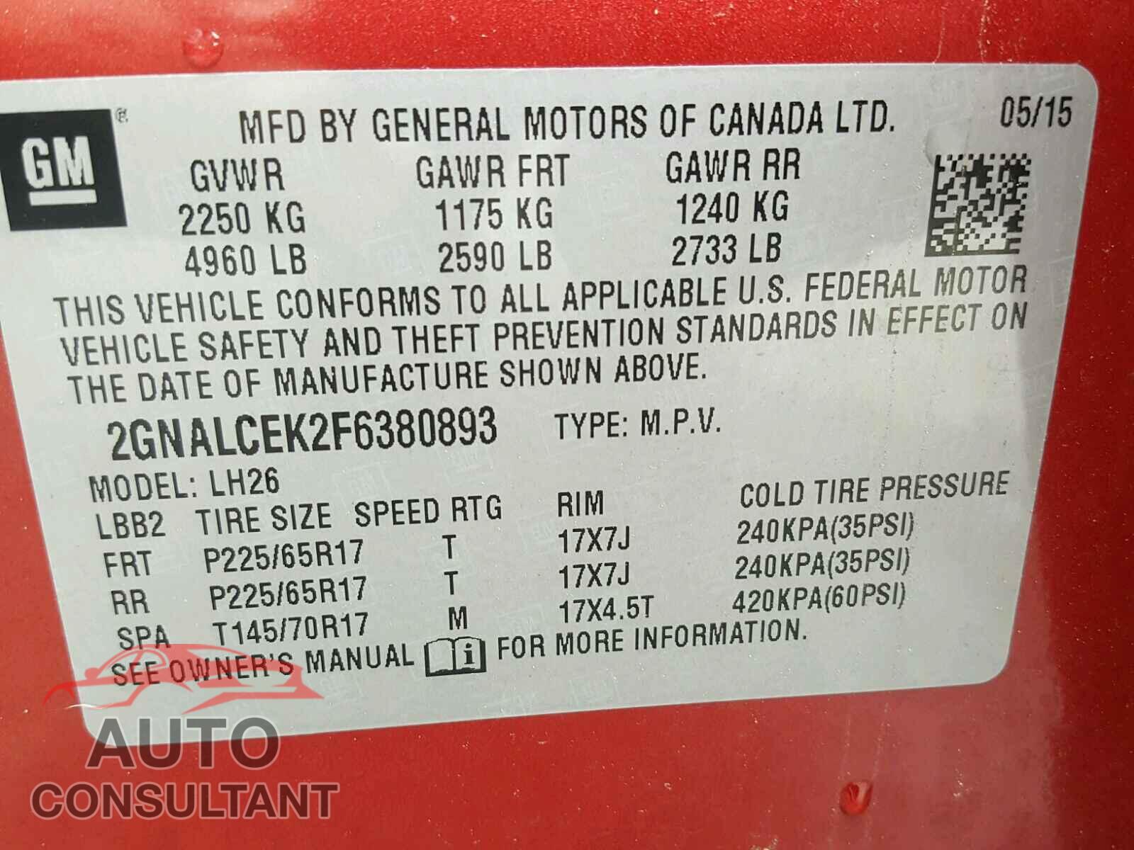 CHEVROLET EQUINOX LT 2015 - 2GNALCEK2F6380893