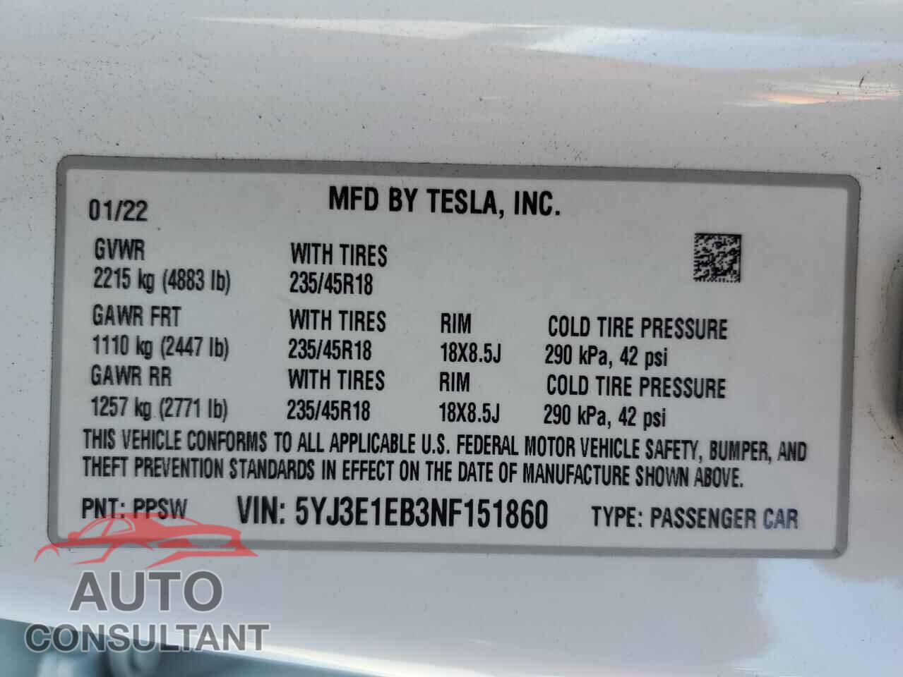 TESLA MODEL 3 2022 - 5YJ3E1EB3NF151860