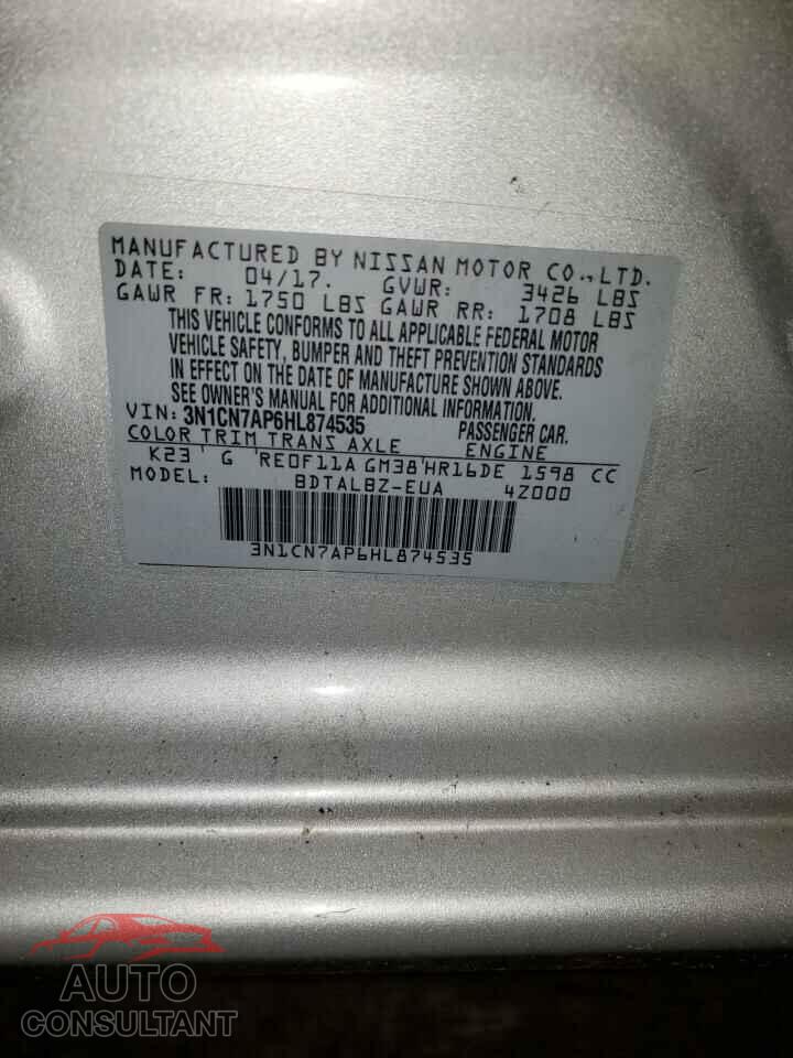 NISSAN VERSA 2017 - 3N1CN7AP6HL874535