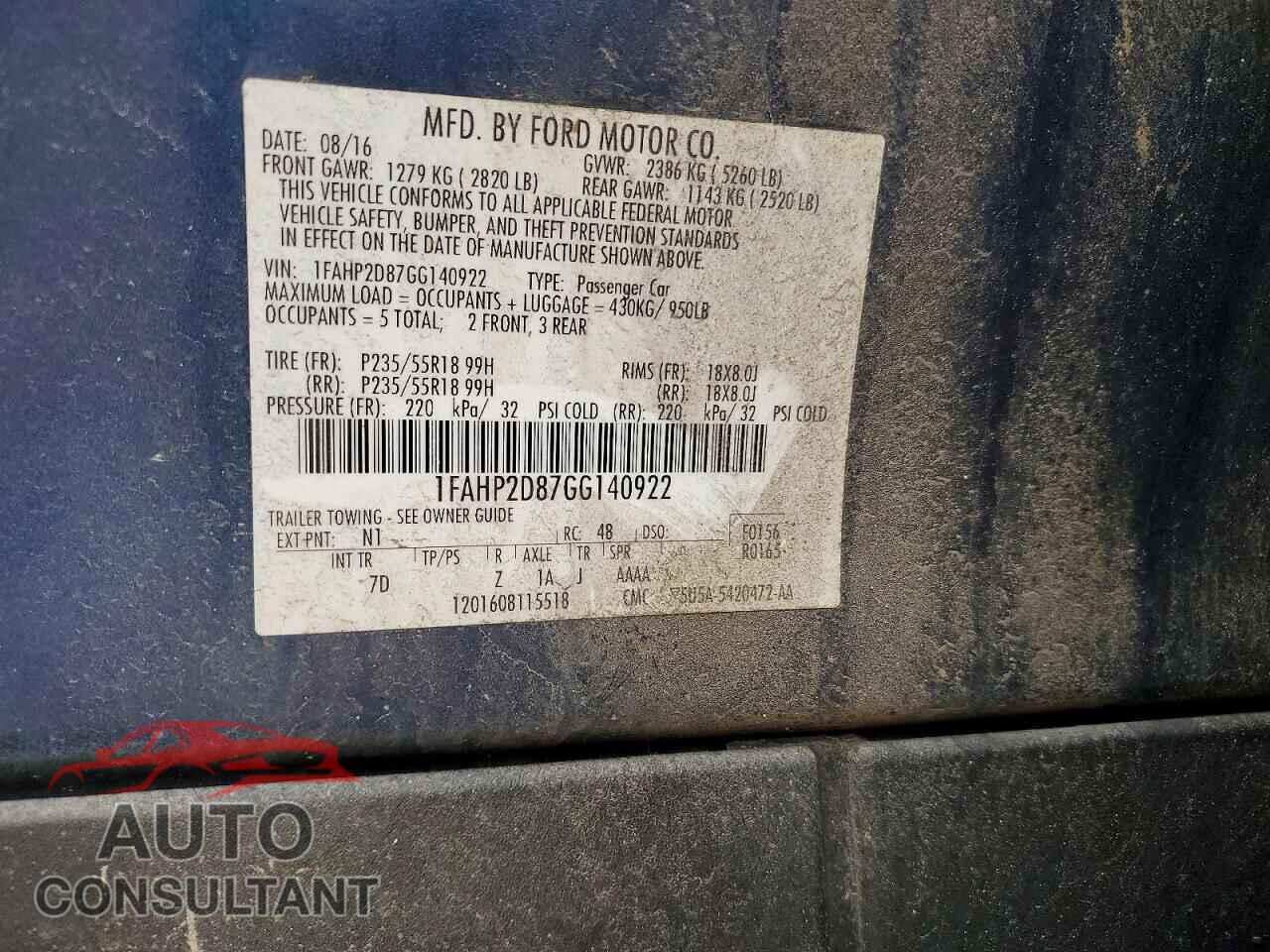 FORD TAURUS 2016 - 1FAHP2D87GG140922