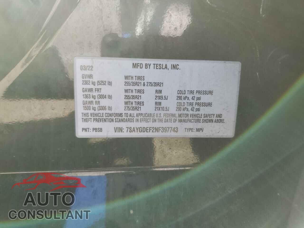 TESLA MODEL Y 2022 - 7SAYGDEF2NF397743