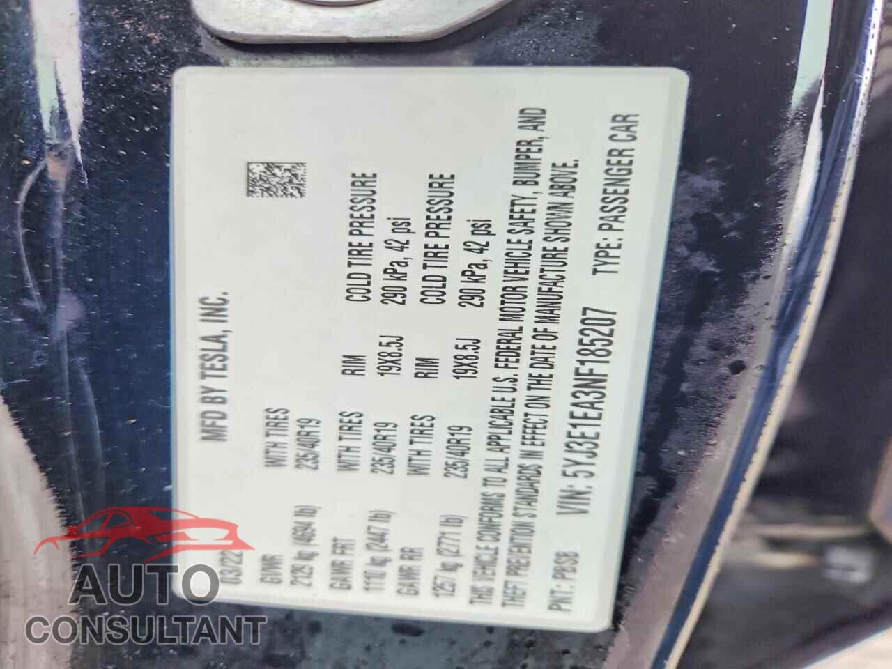 TESLA MODEL 3 2022 - 5YJ3E1EA3NF185207