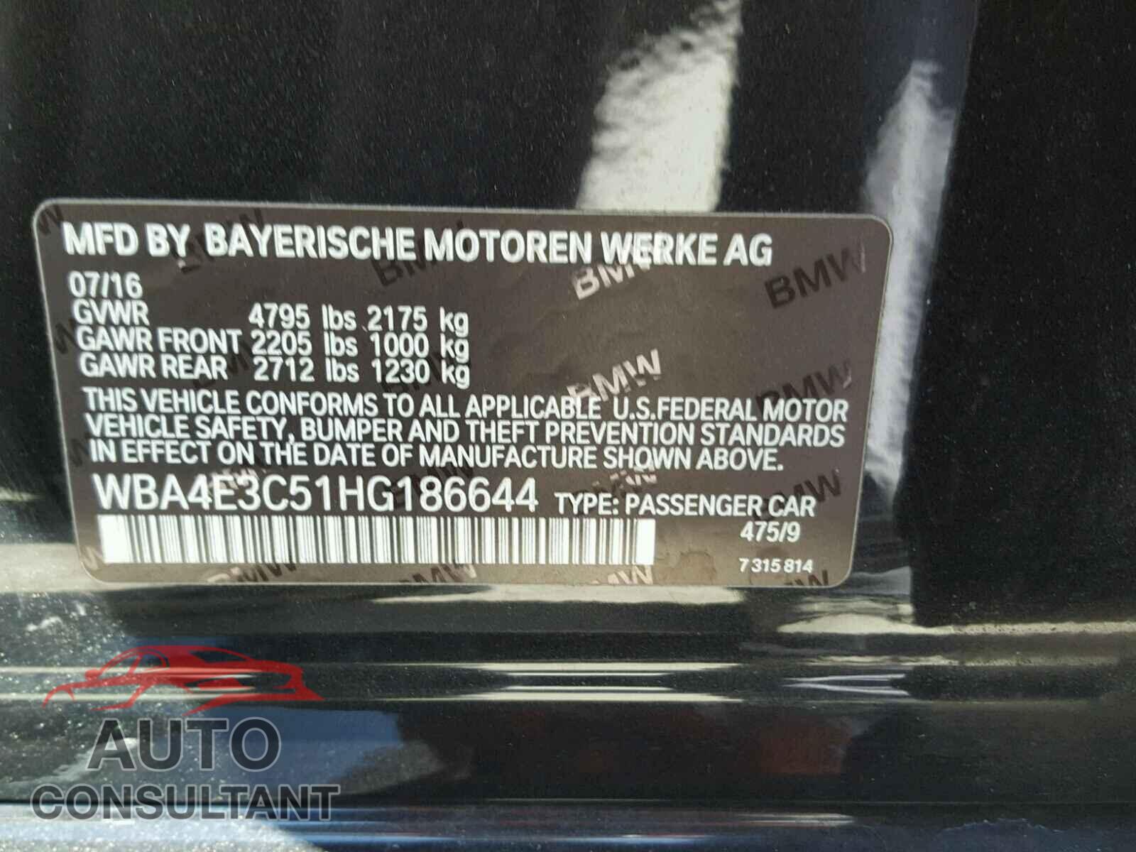 BMW 4 SERIES 2017 - WBA4E3C51HG186644