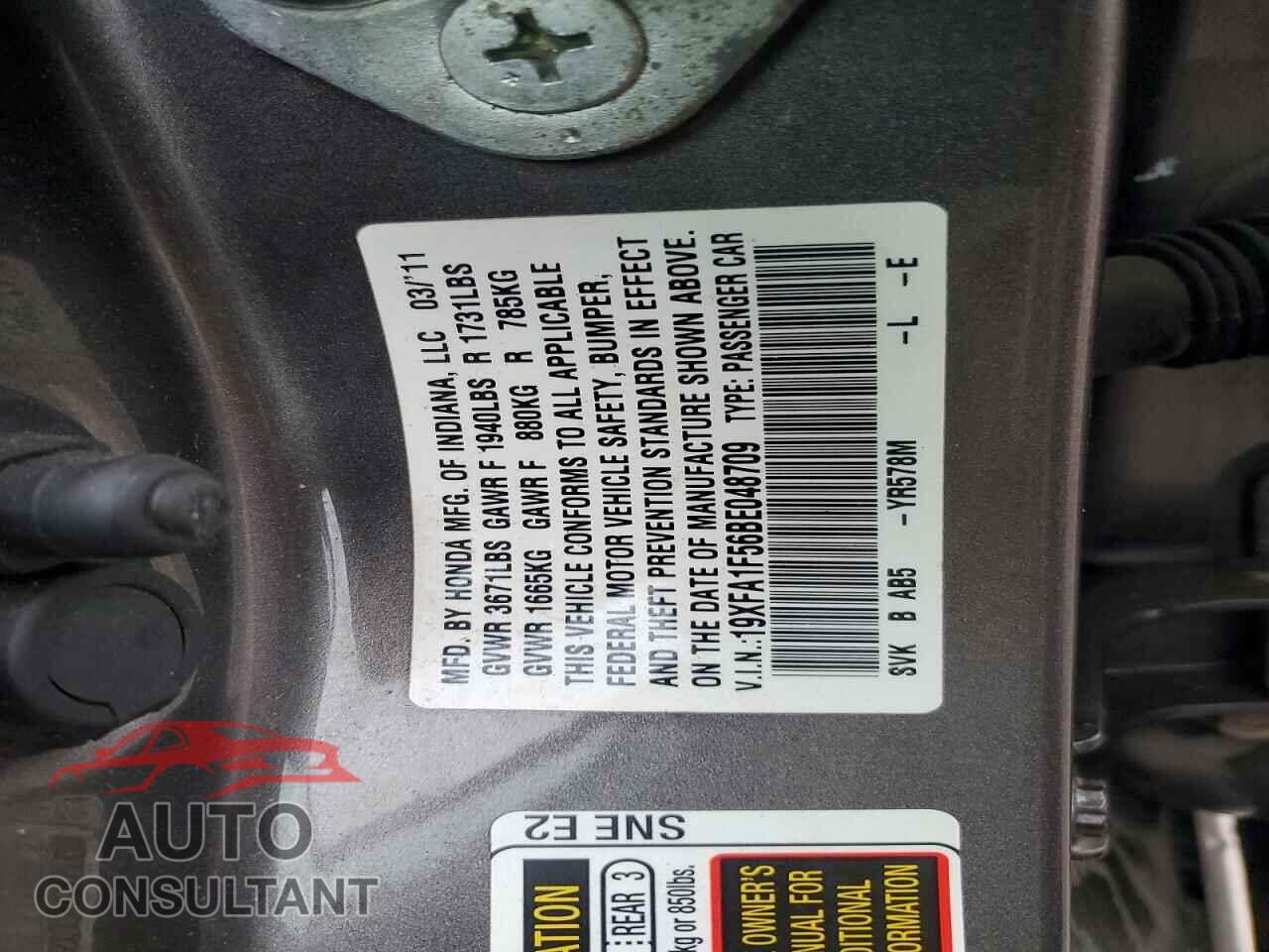 HONDA CIVIC 2011 - 19XFA1F56BE048709