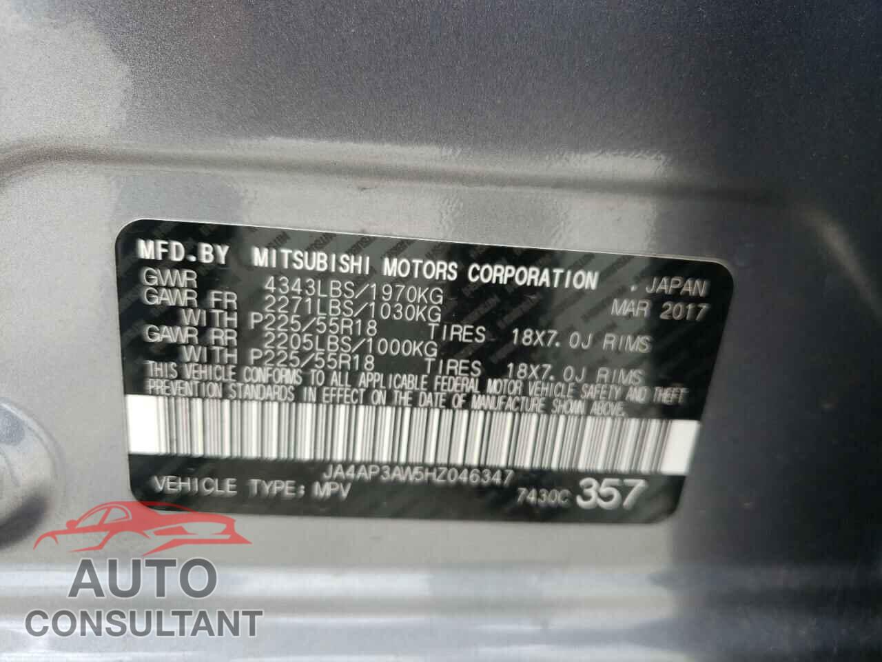 MITSUBISHI OUTLANDER 2017 - JA4AP3AW5HZ046347