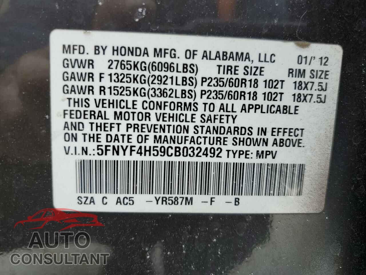 HONDA PILOT 2012 - 5FNYF4H59CB032492