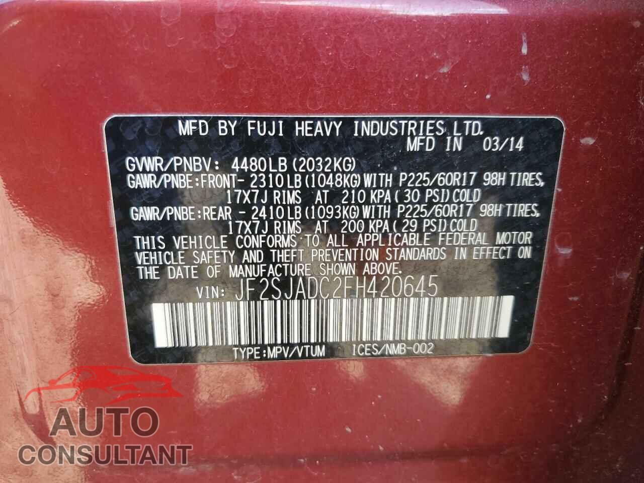 SUBARU FORESTER 2015 - JF2SJADC2FH420645
