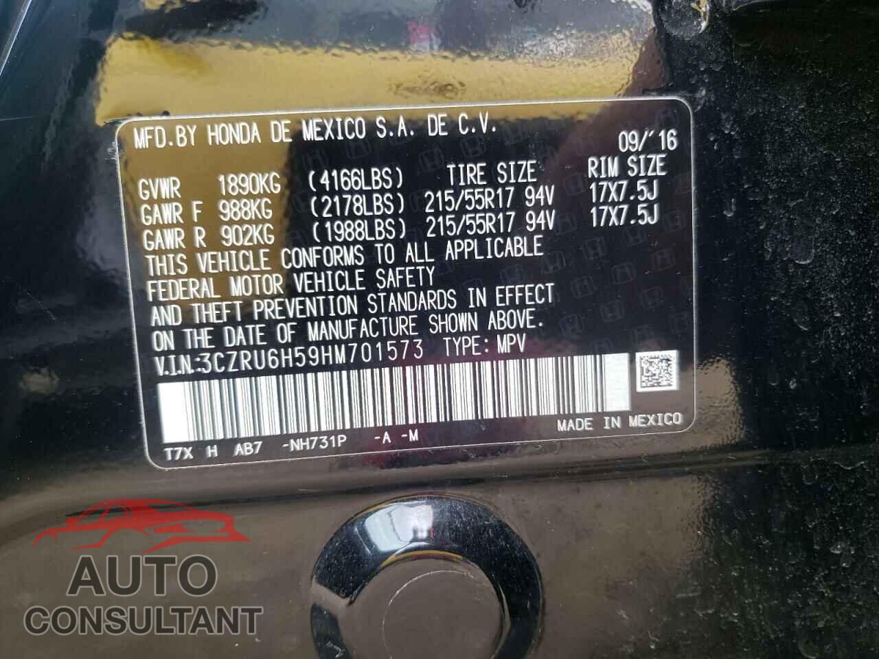 HONDA HR-V 2017 - 3CZRU6H59HM701573