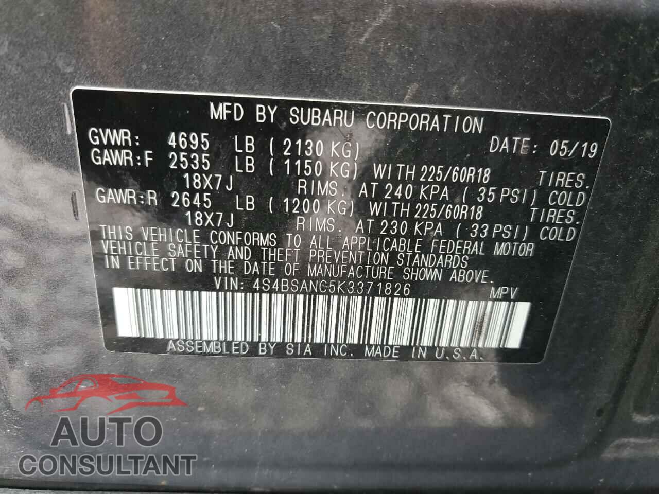 SUBARU OUTBACK 2019 - 4S4BSANC5K3371826