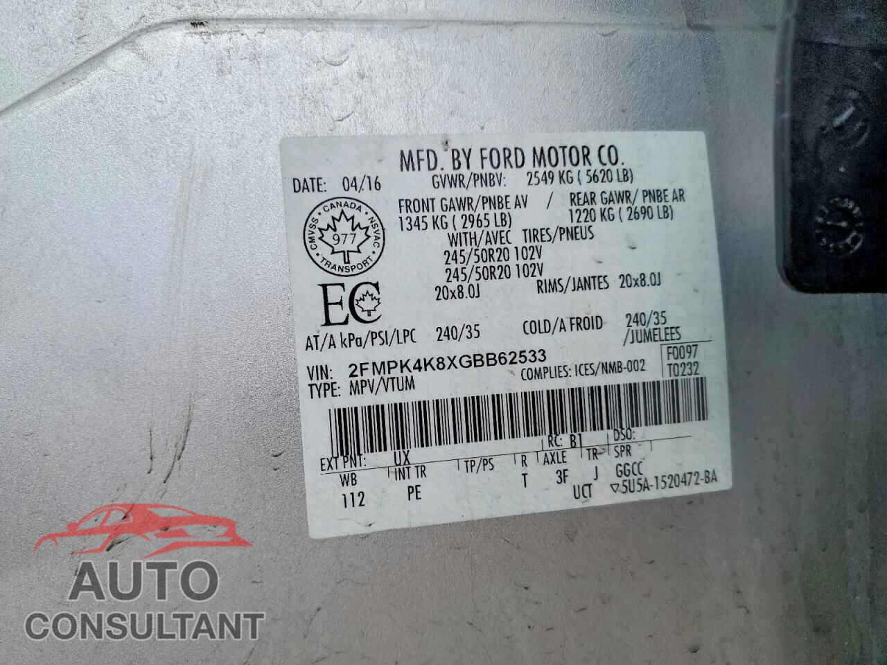 FORD EDGE 2016 - 2FMPK4K8XGBB62533