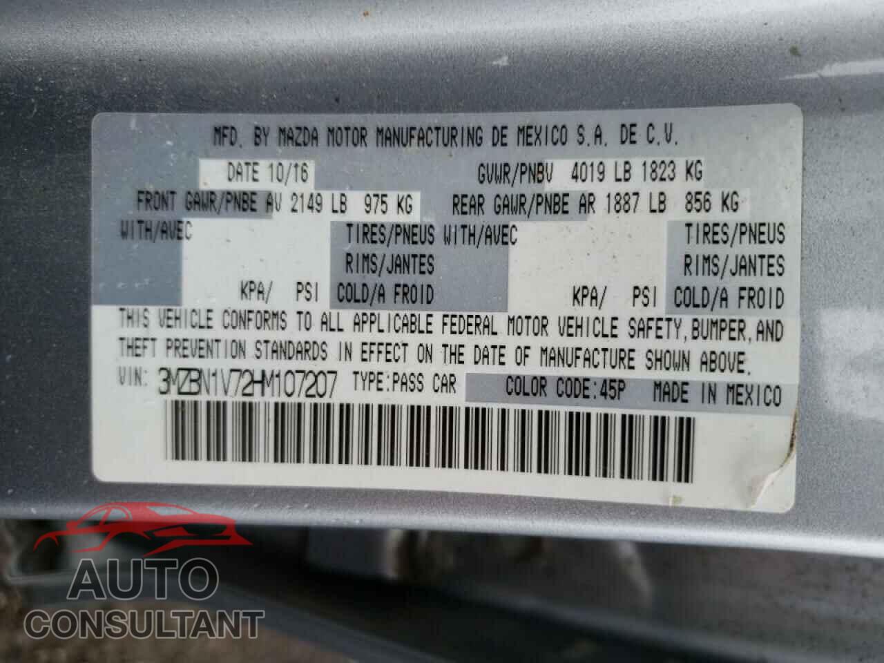MAZDA 3 2017 - 3MZBN1V72HM107207
