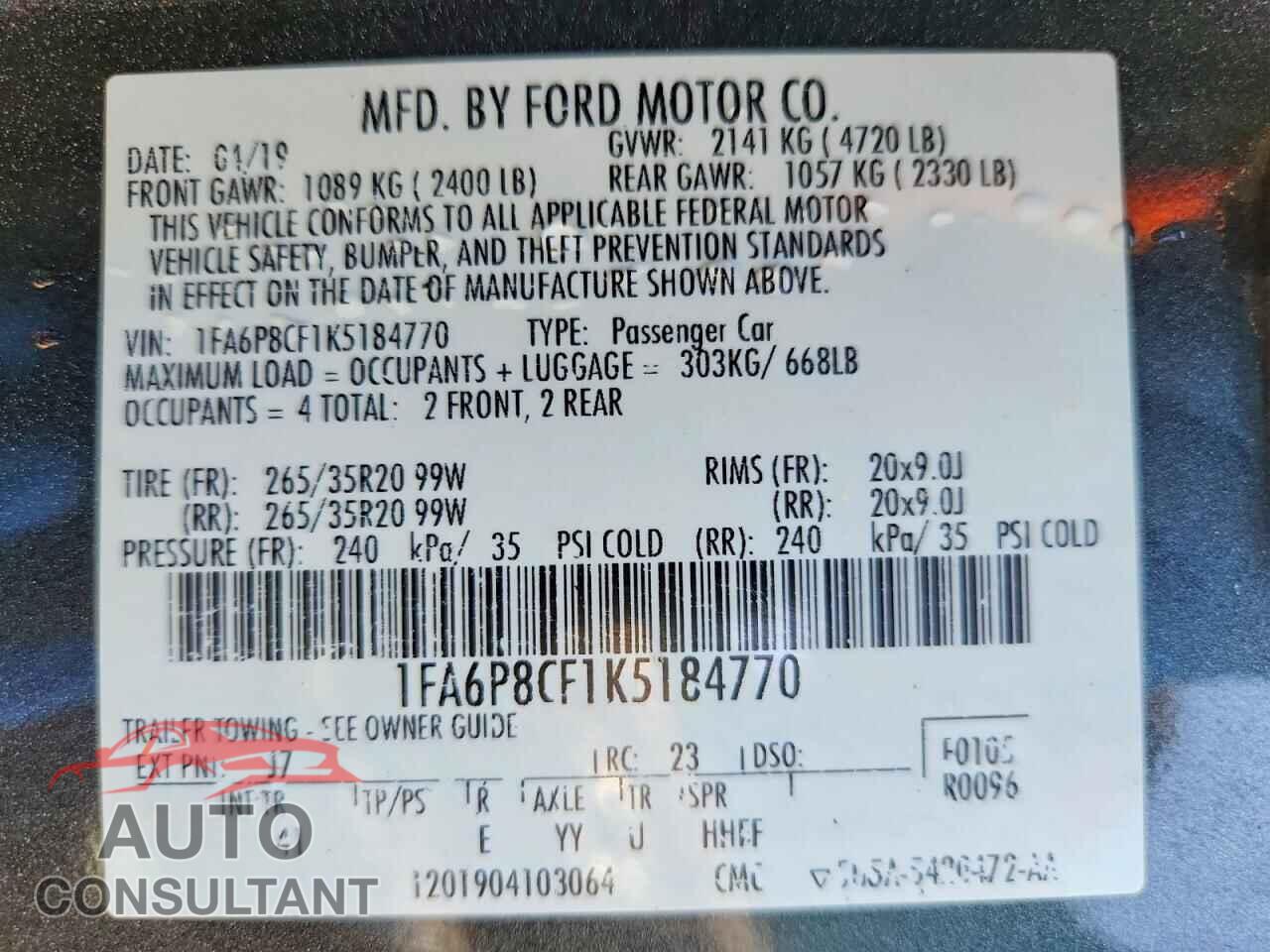 FORD MUSTANG 2019 - 1FA6P8CF1K5184770