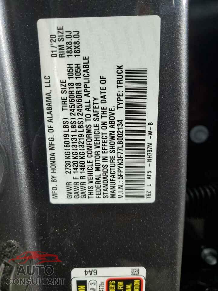 HONDA RIDGELINE 2020 - 5FPYK3F77LB002134