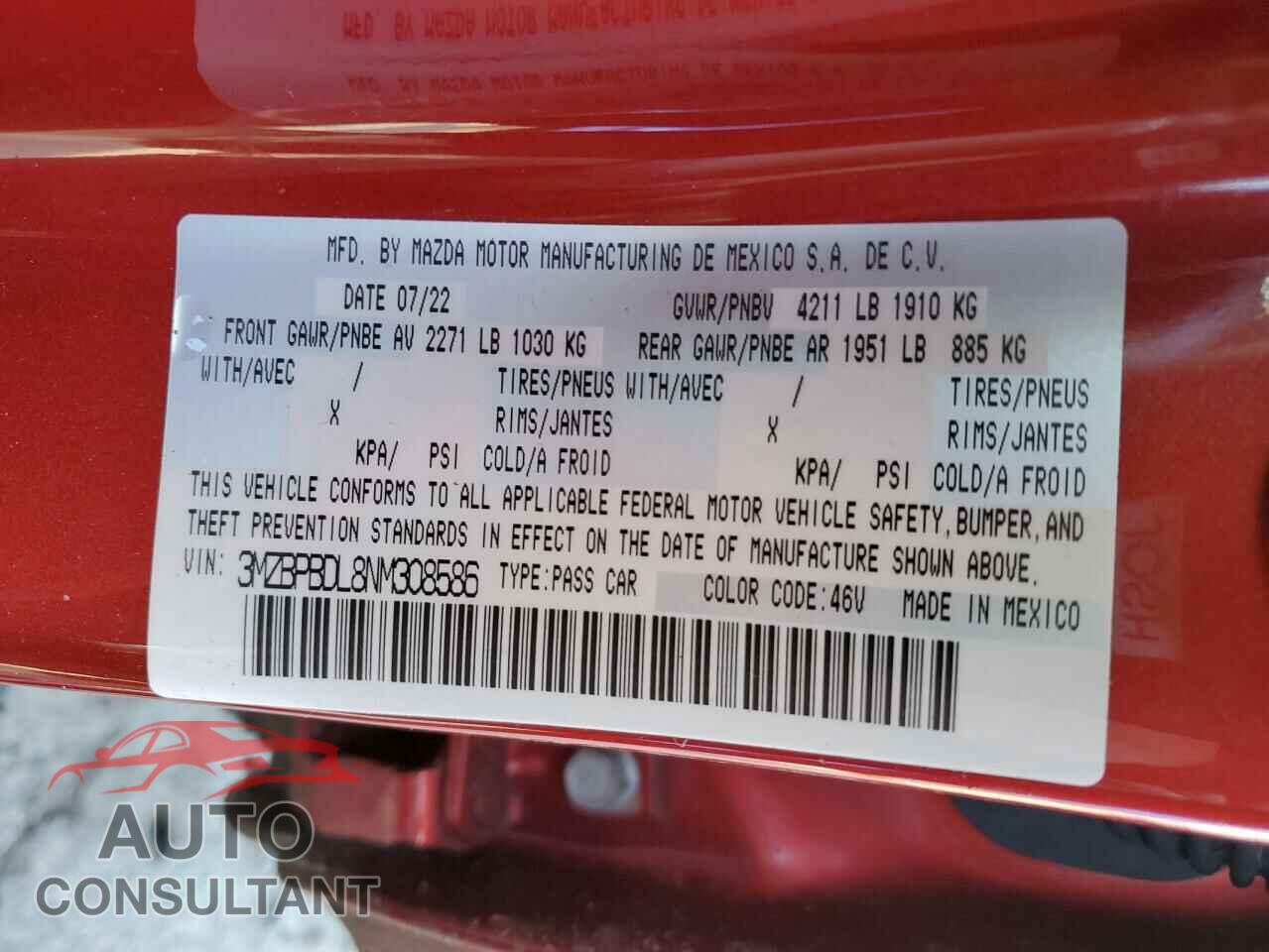 MAZDA 3 2022 - 3MZBPBDL8NM308586