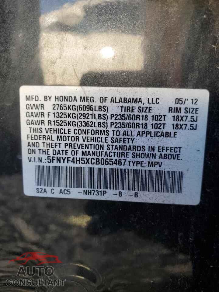 HONDA PILOT 2012 - 5FNYF4H5XCB065467