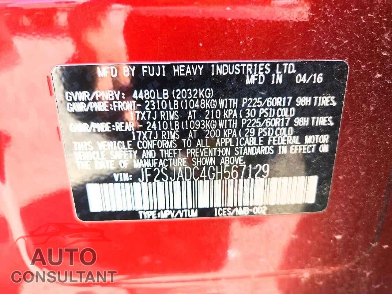 SUBARU FORESTER 2016 - JF2SJADC4GH567129