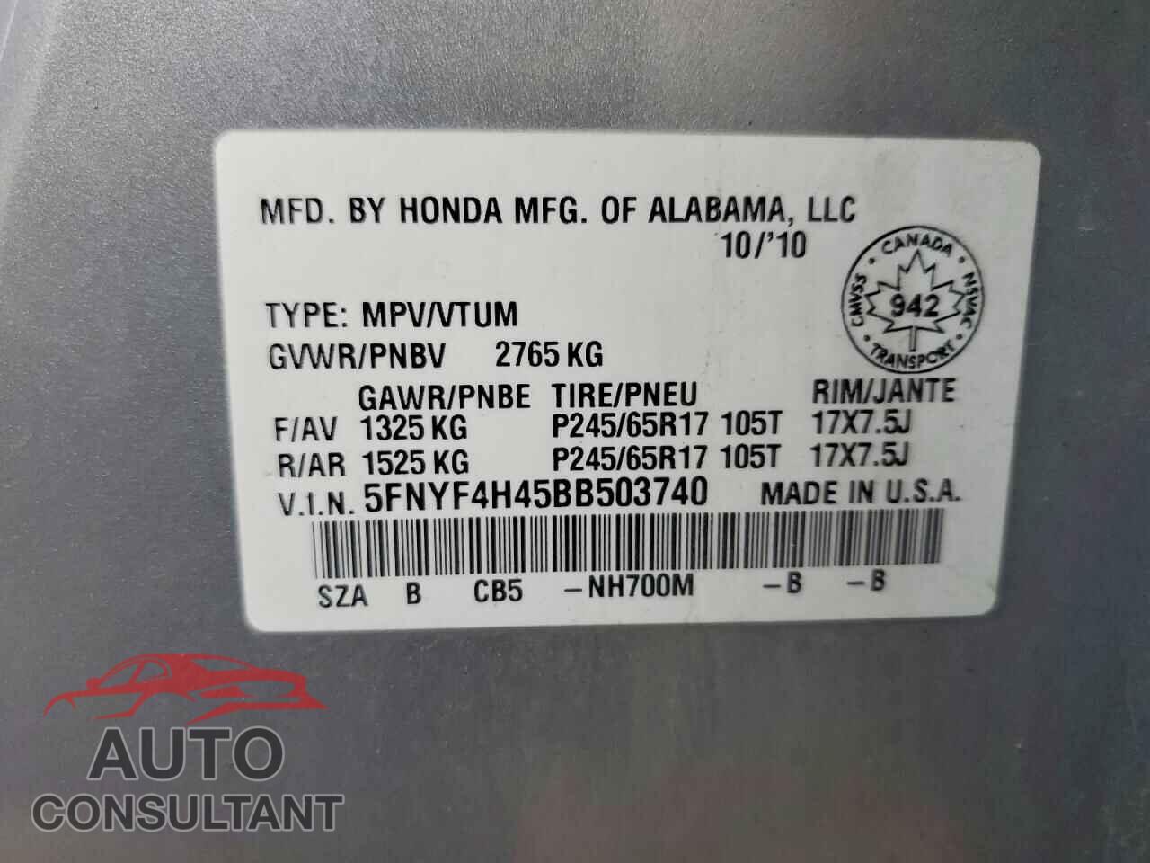 HONDA PILOT 2011 - 5FNYF4H45BB503740