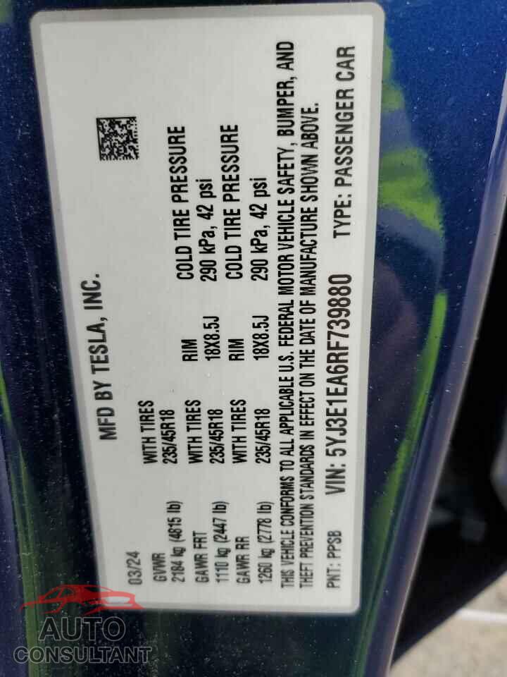 TESLA MODEL 3 2024 - 5YJ3E1EA6RF739880