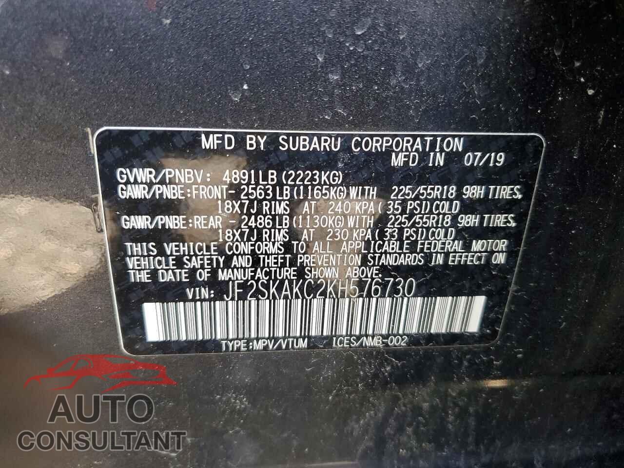 SUBARU FORESTER 2019 - JF2SKAKC2KH576730