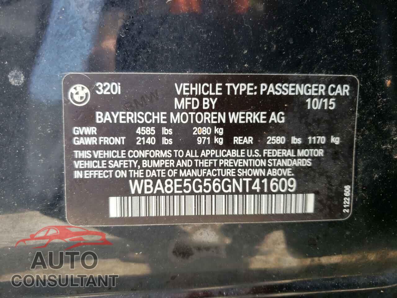 BMW 3 SERIES 2016 - WBA8E5G56GNT41609