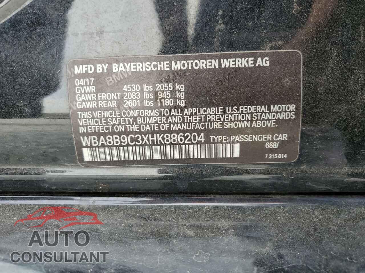 BMW 3 SERIES 2017 - WBA8B9C3XHK886204