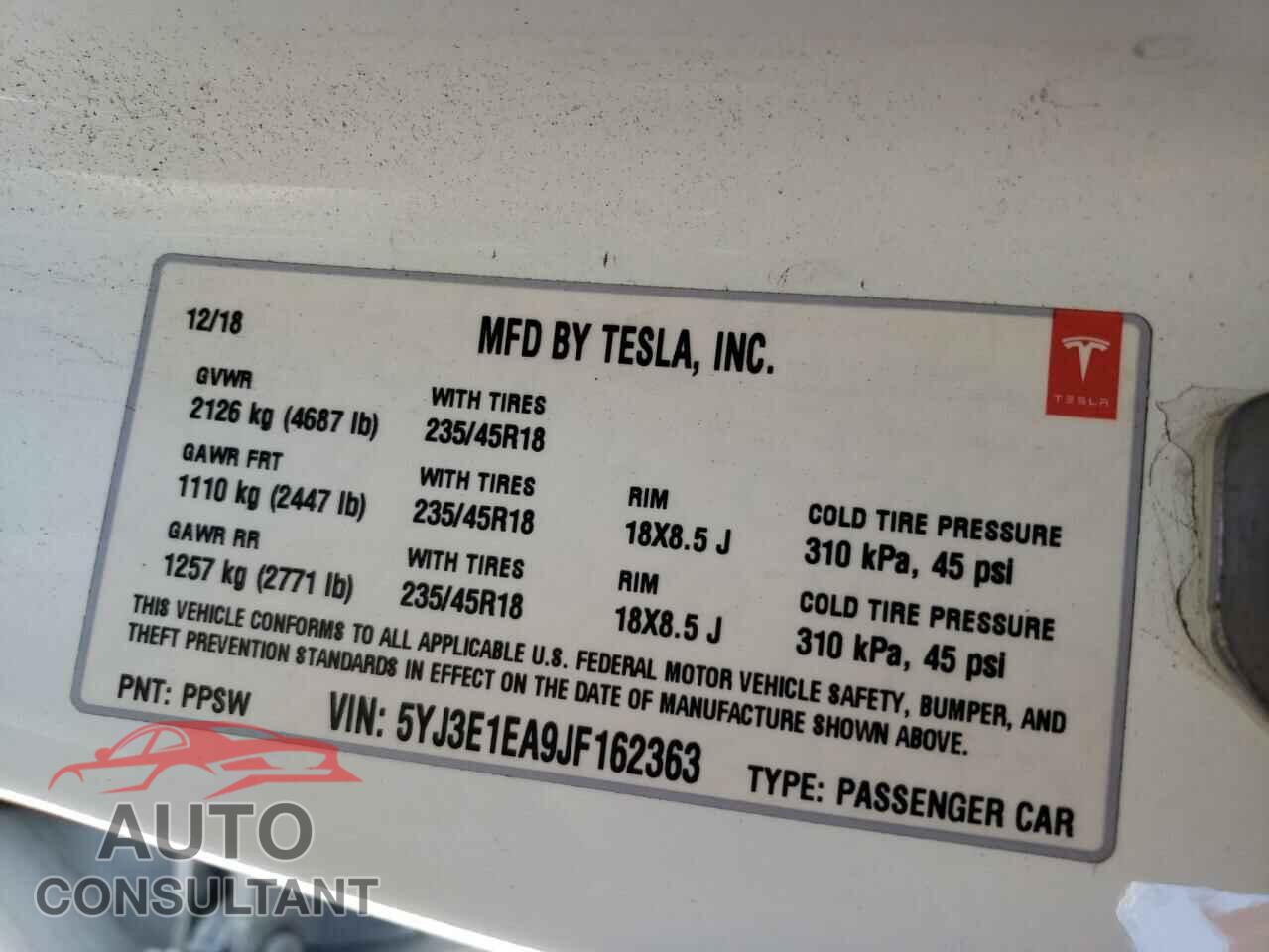TESLA MODEL 3 2018 - 5YJ3E1EA9JF162363