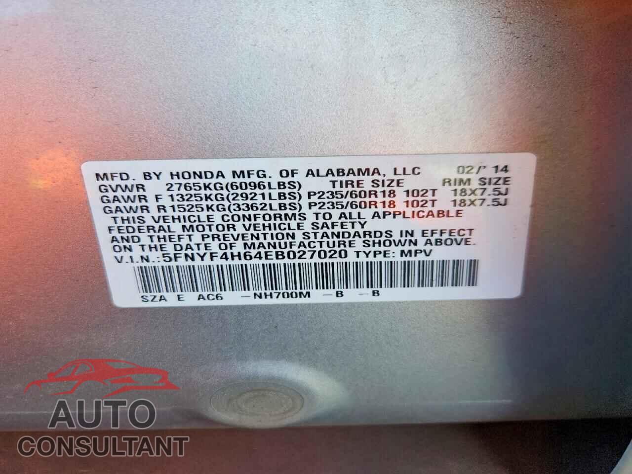 HONDA PILOT 2014 - 5FNYF4H64EB027020