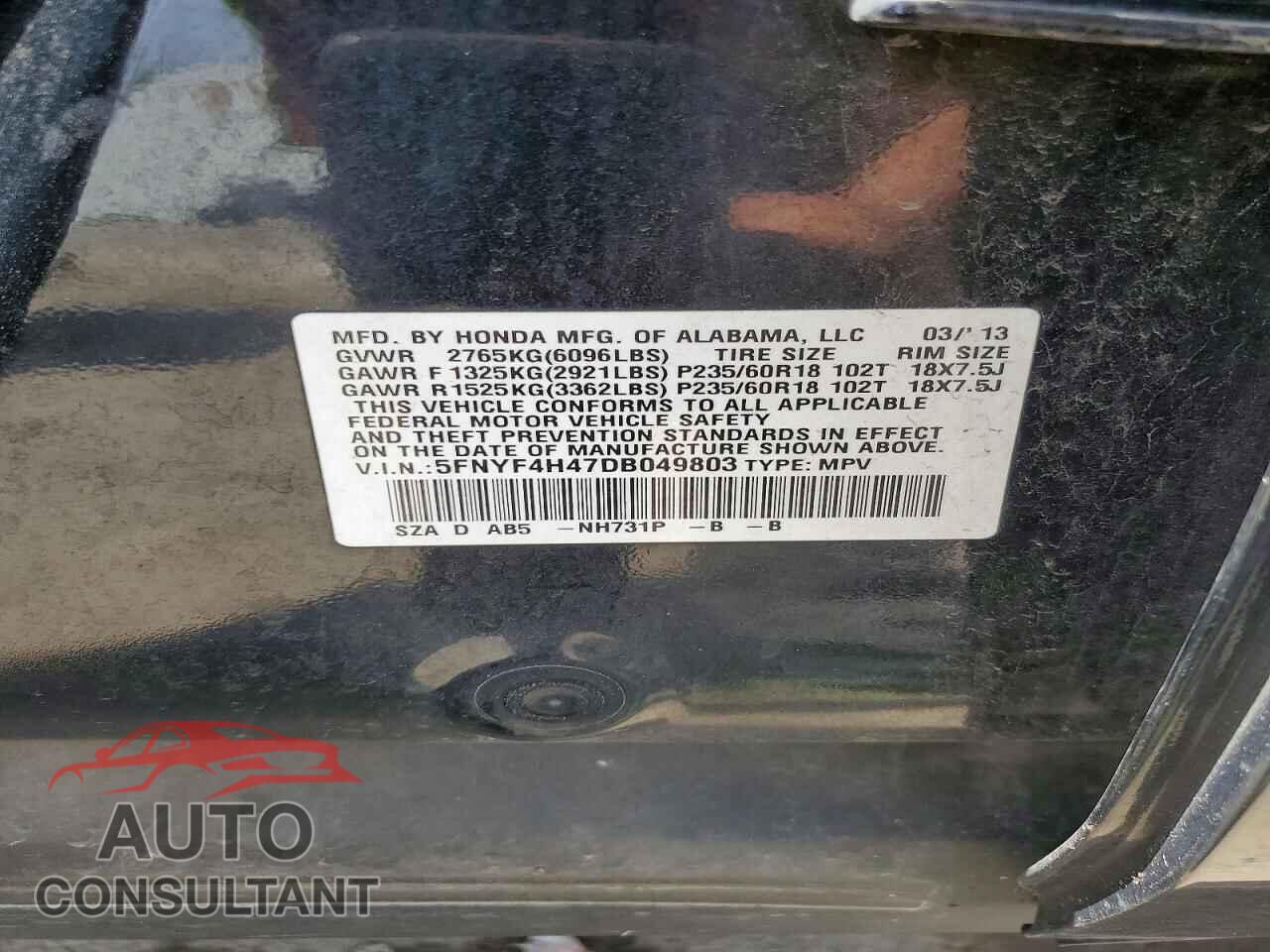 HONDA PILOT 2013 - 5FNYF4H47DB049803