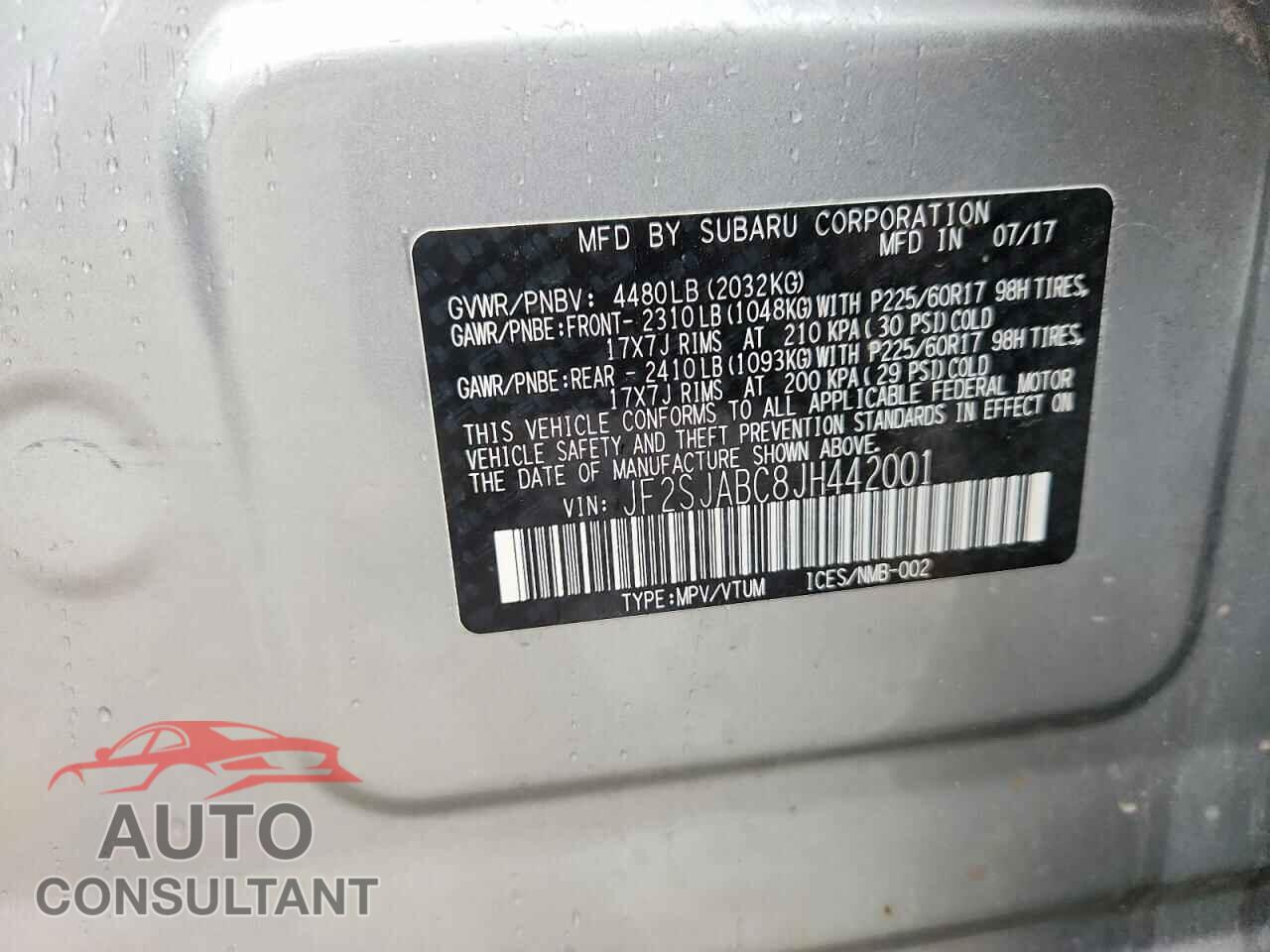 SUBARU FORESTER 2018 - JF2SJABC8JH442001