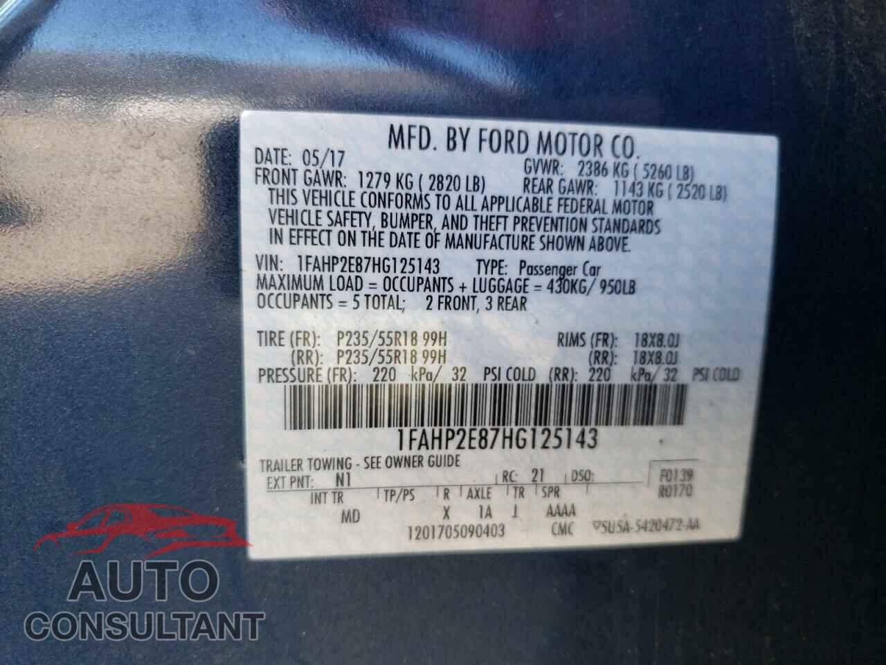 FORD TAURUS 2017 - 1FAHP2E87HG125143