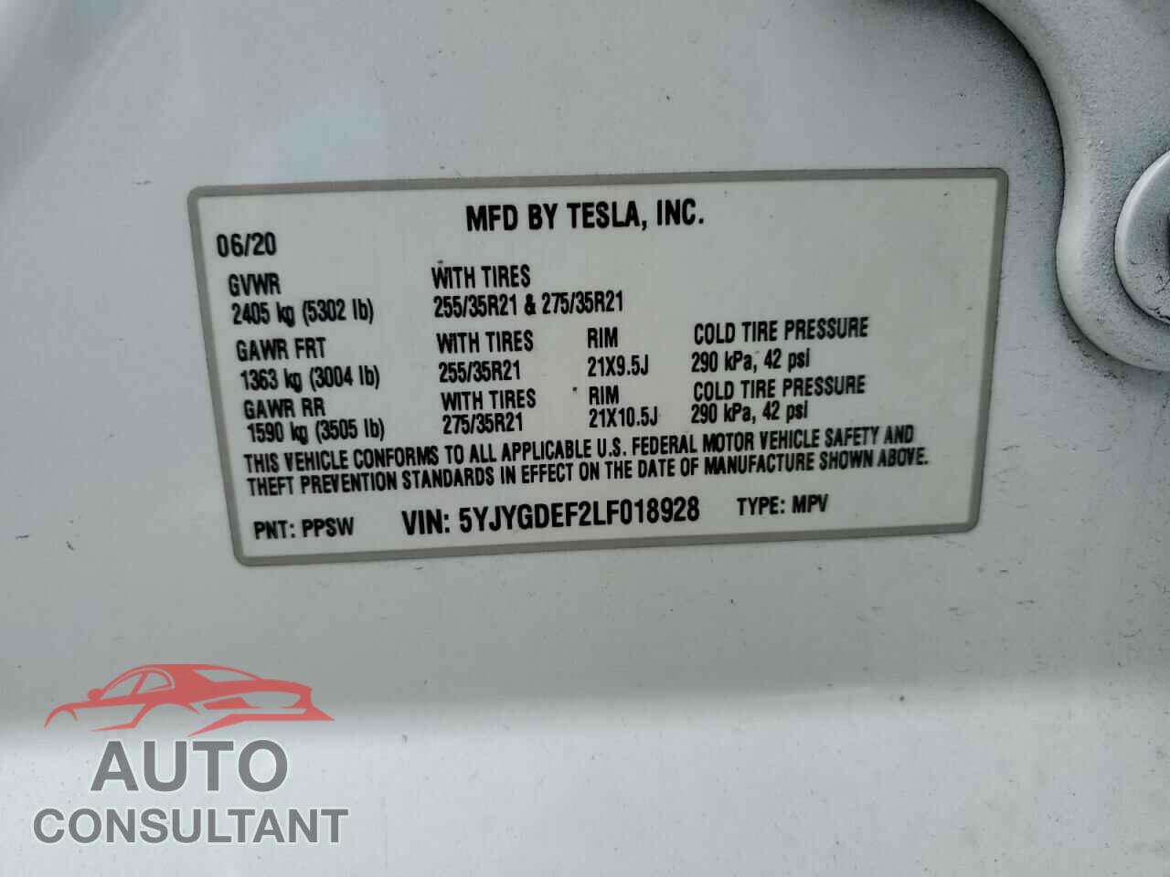 TESLA MODEL Y 2020 - 5YJYGDEF2LF018928