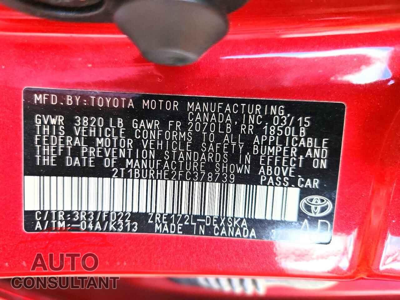 TOYOTA COROLLA 2015 - 2T1BURHE2FC378739