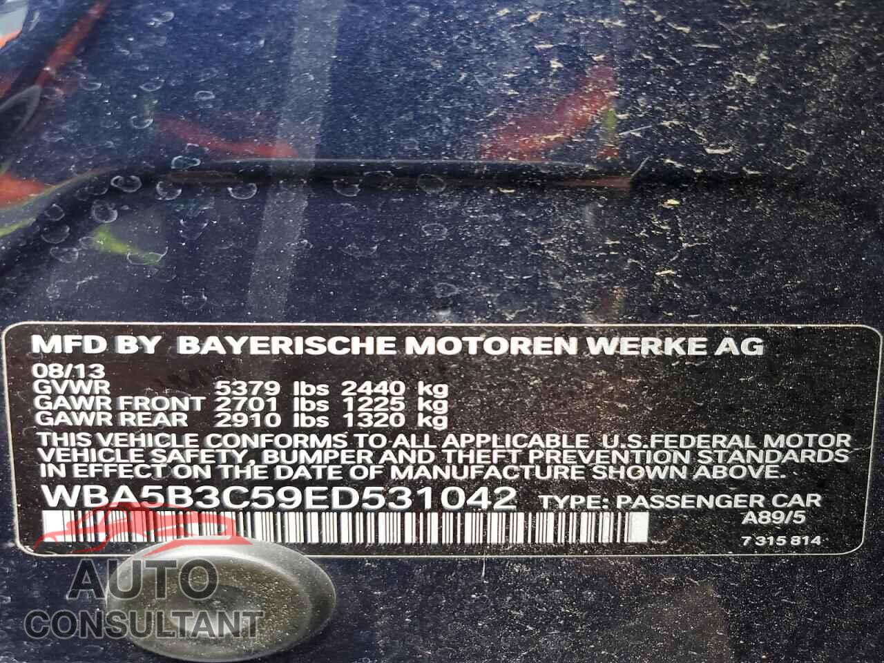 BMW 5 SERIES 2014 - WBA5B3C59ED531042