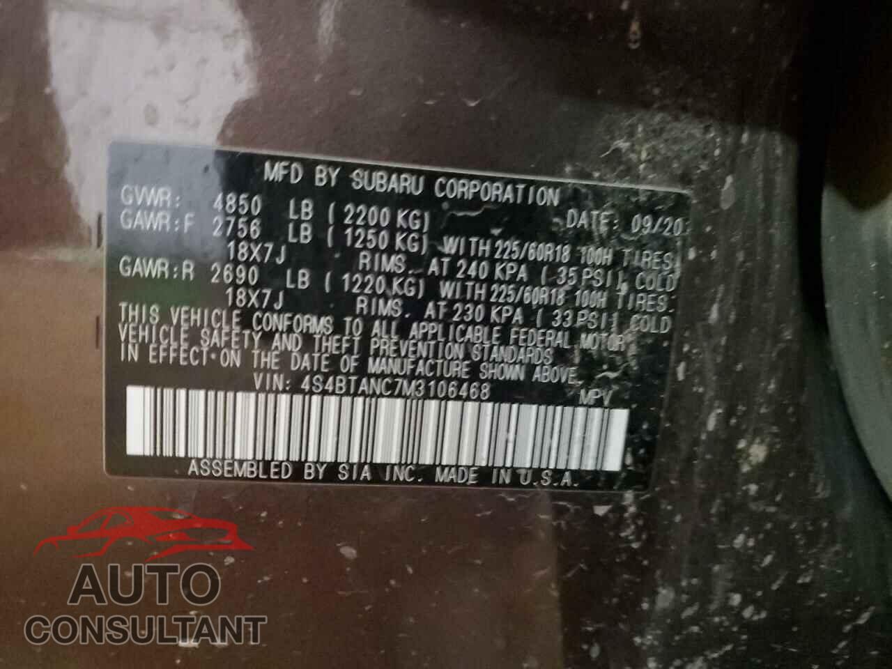 SUBARU OUTBACK 2021 - 4S4BTANC7M3106468