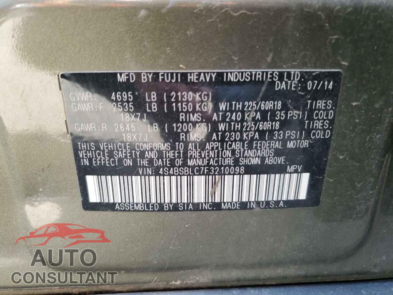 SUBARU OUTBACK 2015 - 4S4BSBLC7F3210098