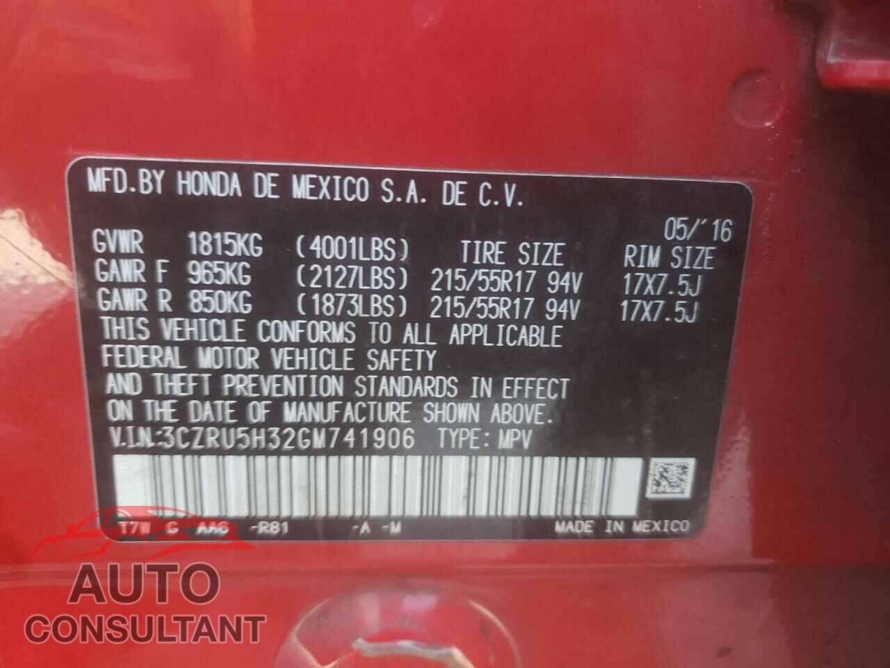 HONDA HR-V 2016 - 3CZRU5H32GM741906