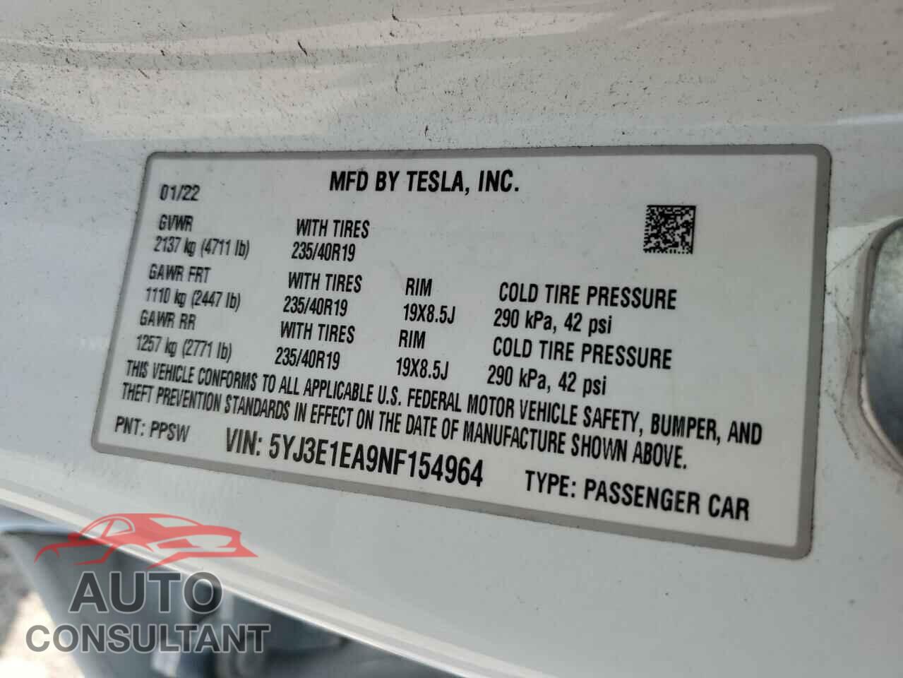 TESLA MODEL 3 2022 - 5YJ3E1EA9NF154964