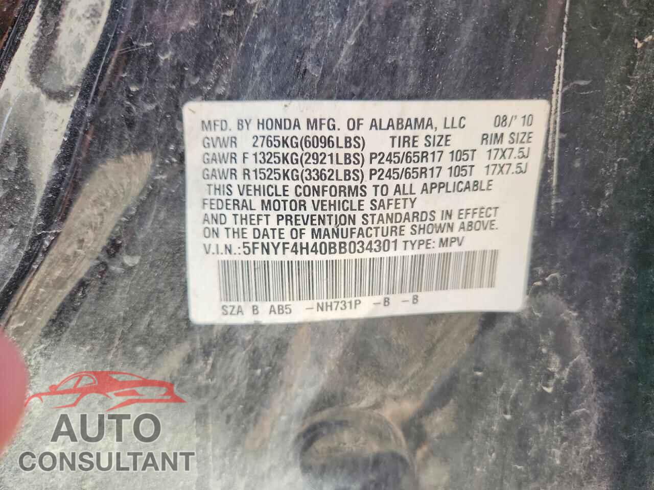 HONDA PILOT 2011 - 5FNYF4H40BB034301