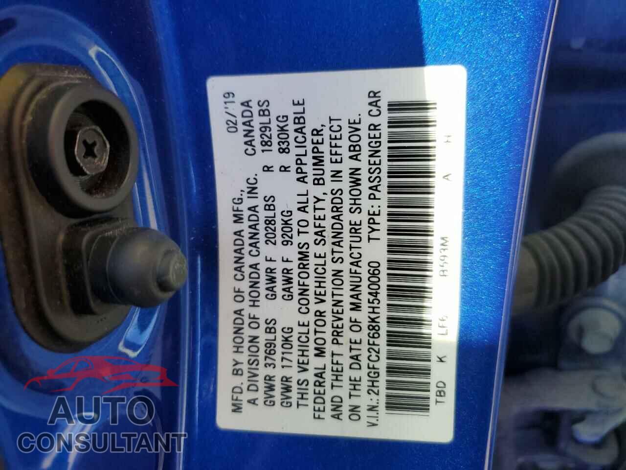 HONDA CIVIC 2019 - 2HGFC2F68KH540060