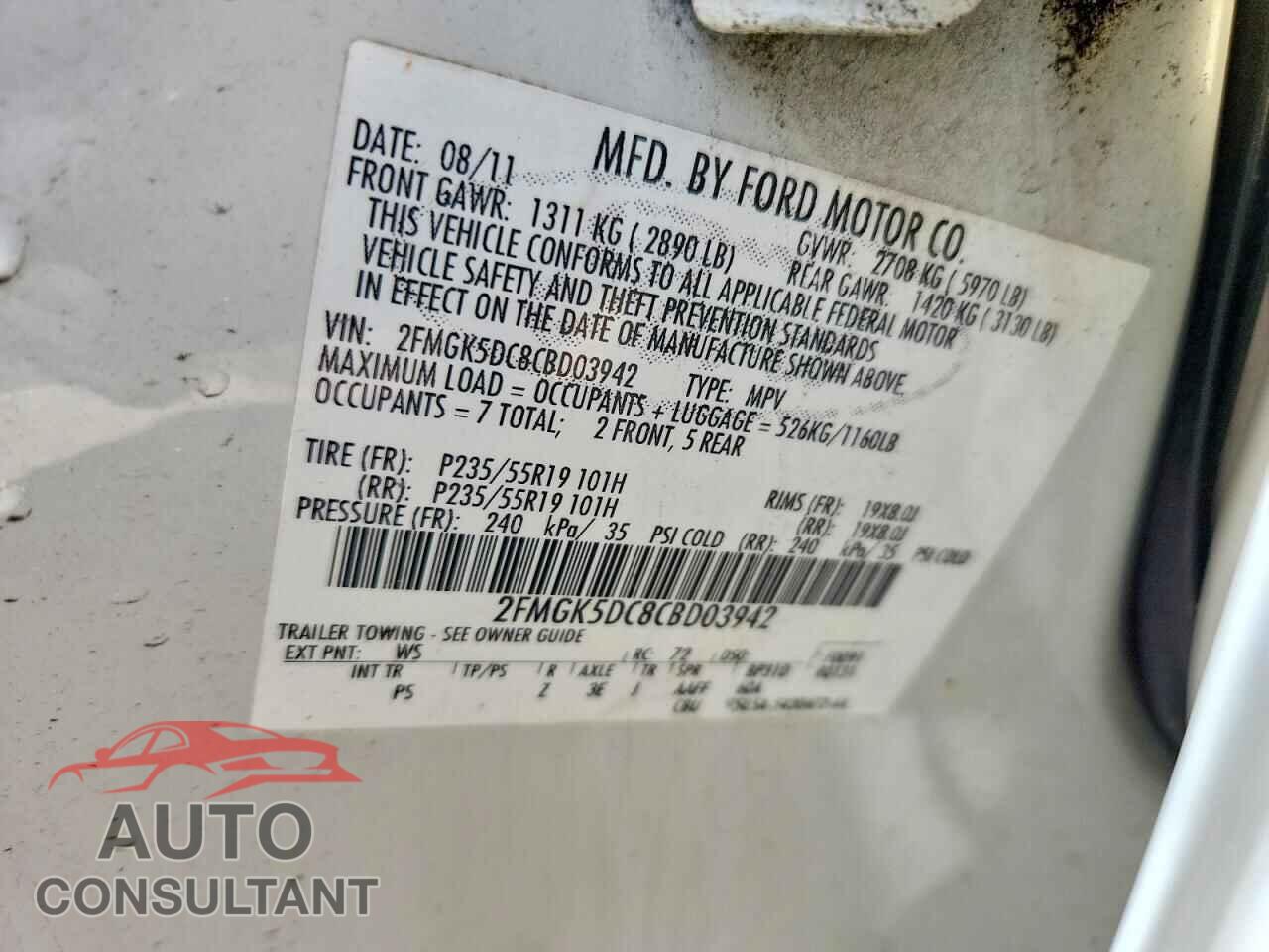 FORD FLEX 2012 - 2FMGK5DC8CBD03942